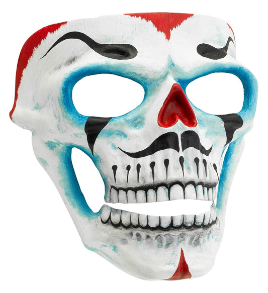 Detailreiche Totenkopf-Clownmaske in Schwarz und Weiß, ideal für Kostümpartys und Bühnenauftritte.
