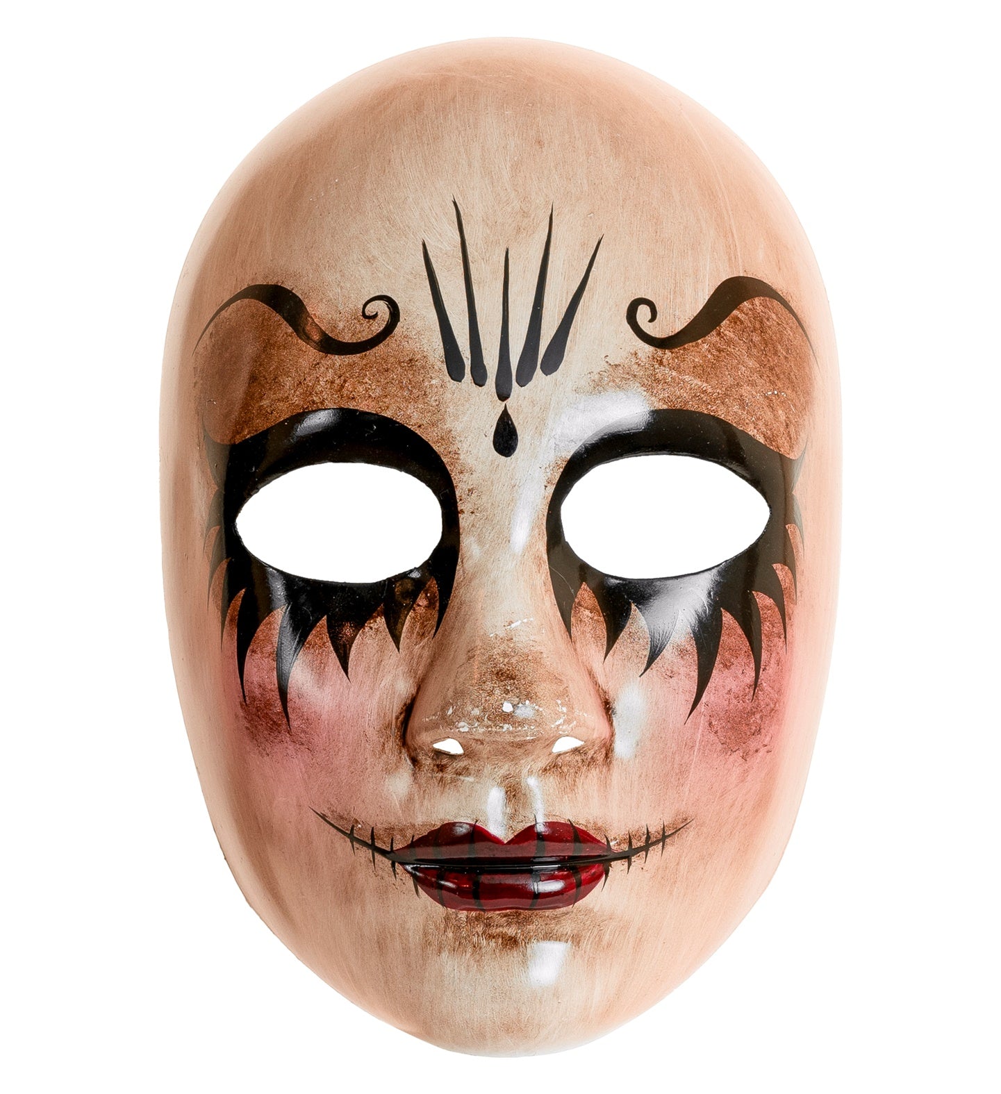 Papier-Mâché Maske einer unheimlichen Frau in bunten Farben für Kostümpartys.
