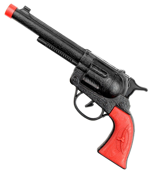 Matt black toy cowboy revolver pistol with red grip and barrel tip.