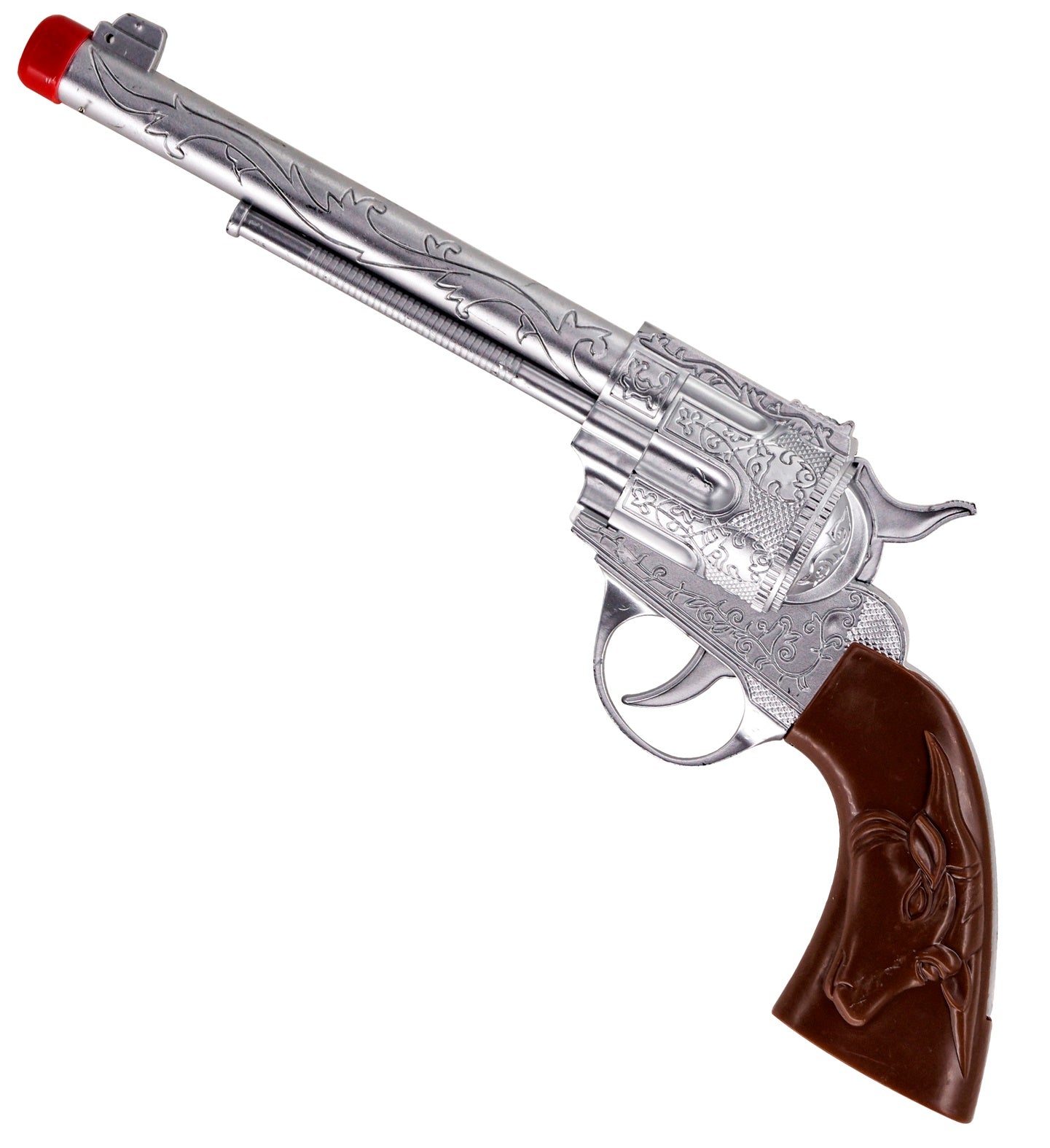 Silver plastic cowboy revolver with engraved barrel, brown grip, and red tip.