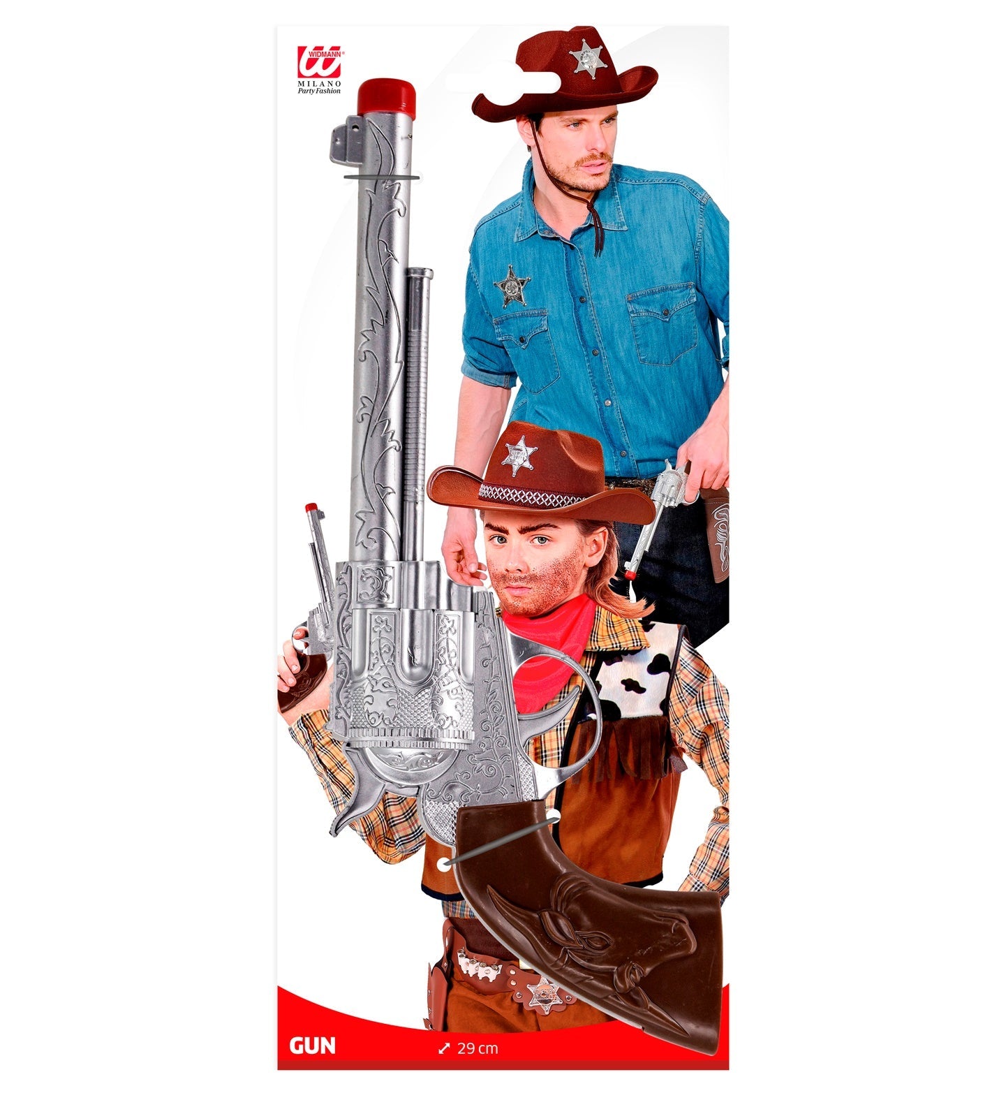 Silver plastic cowboy revolver prop pistol with rotating drum for costumes and play.
