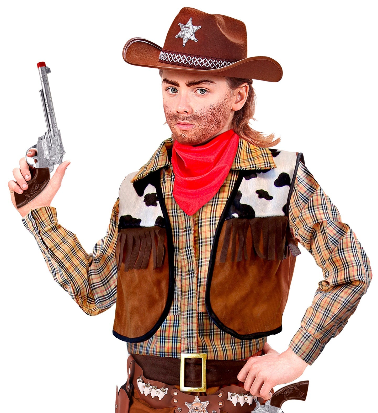 Silver plastic cowboy revolver prop pistol with rotating drum for costumes.