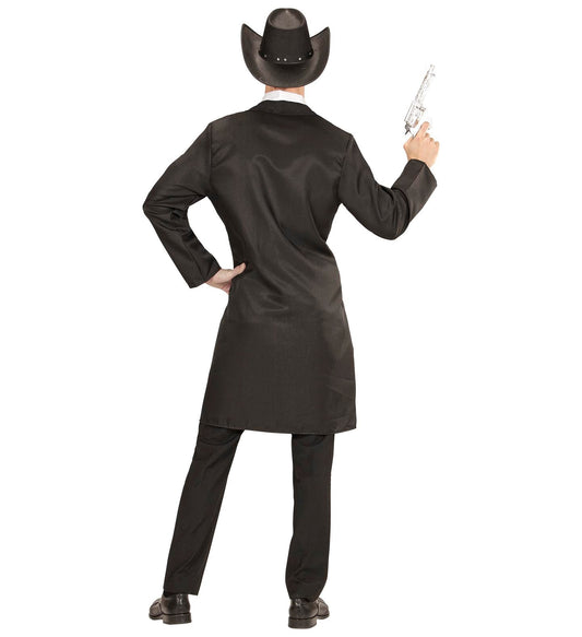 Schwarzes Cowboy-Sheriff-Kostüm für Männer mit Mantel, Weste und Sheriff-Abzeichen.