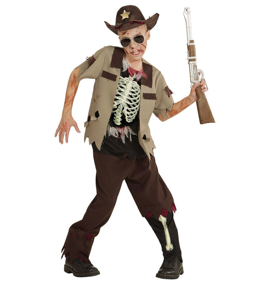 Kinderkostüm Cowboy Zombie Sheriff mit Hut, Hemd und Hose in Grau und Braun für Halloween