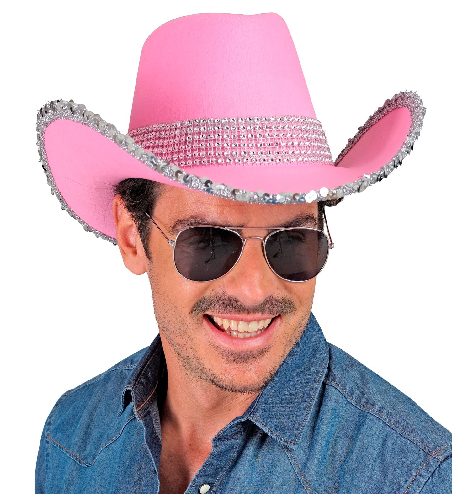 Pink Cowboyhut mit Strasssteinen, leuchtendes Rosa und stabile Krempe für den Western-Look.