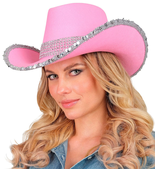 Pink Cowboyhut mit Strass, leuchtendes Rosa und stabile Krempe für den Western-Look.