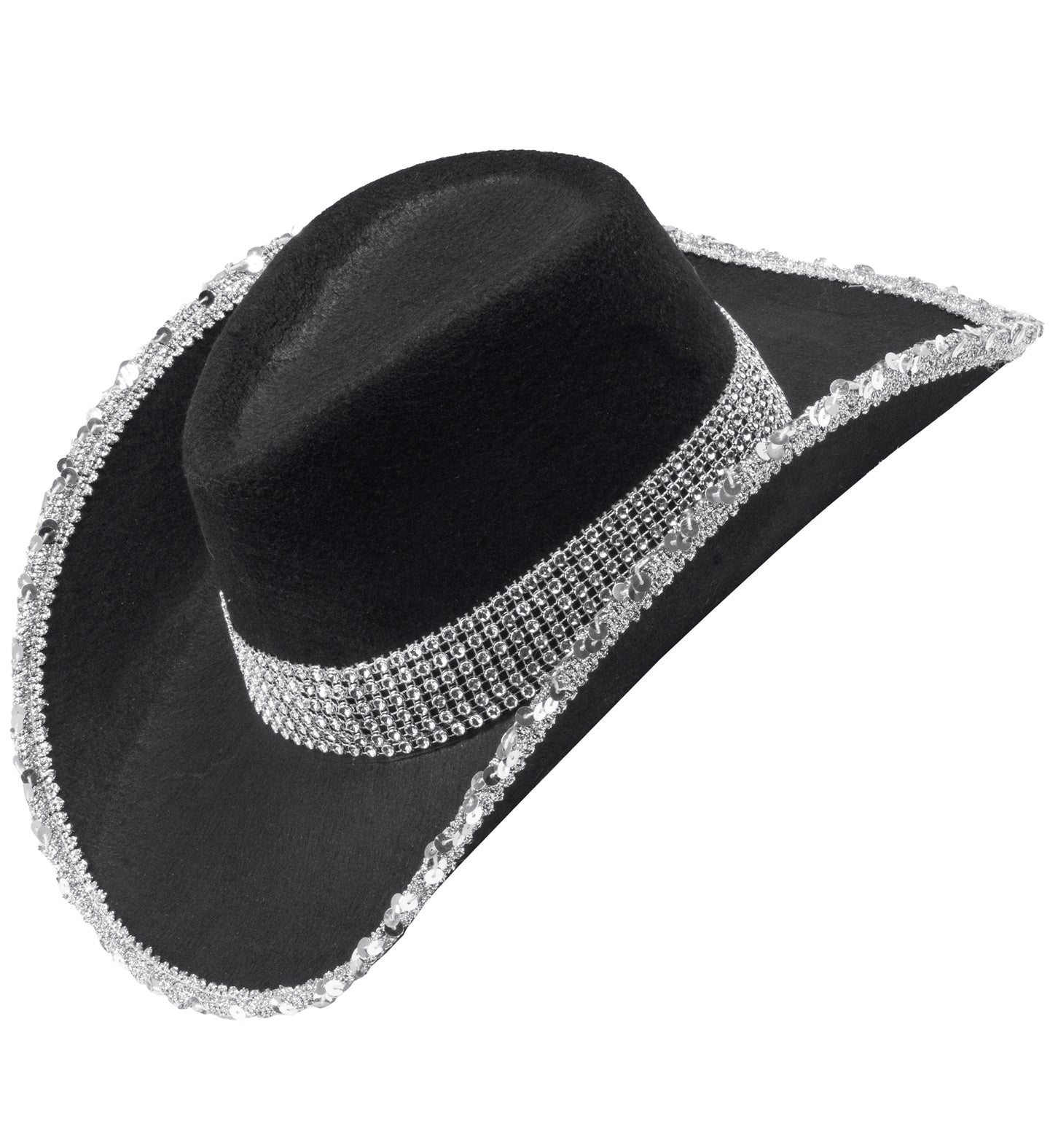 Schwarzer Cowboyhut aus Filz mit Strassband, unisex, für festliche Anlässe.