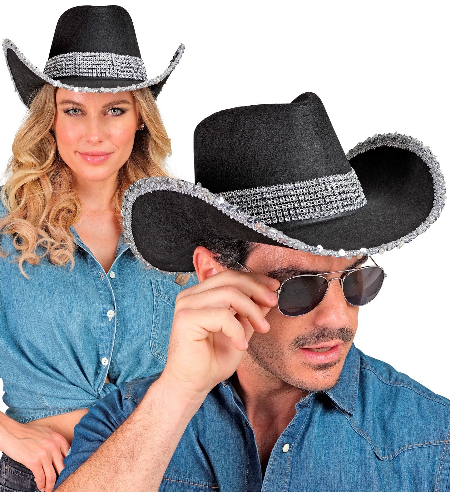 Schwarzer Cowboyhut aus Filz mit Strassband, unisex und anpassbarem Innenband.