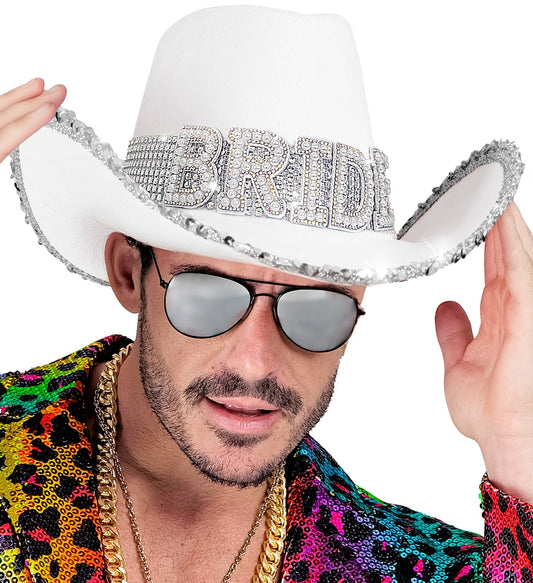 Weißer Cowboyhut für Bräute mit handgenähter Perlenverzierung und breiter Krempe.