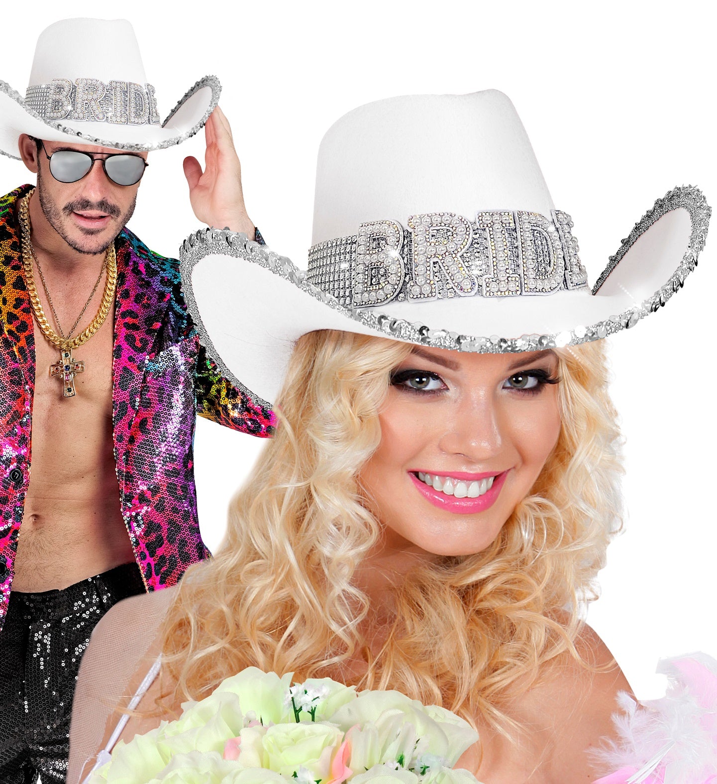 Weißer Cowboyhut mit Perlenbesatz und breiter Krempe als Braut-Hochzeitsaccessoire