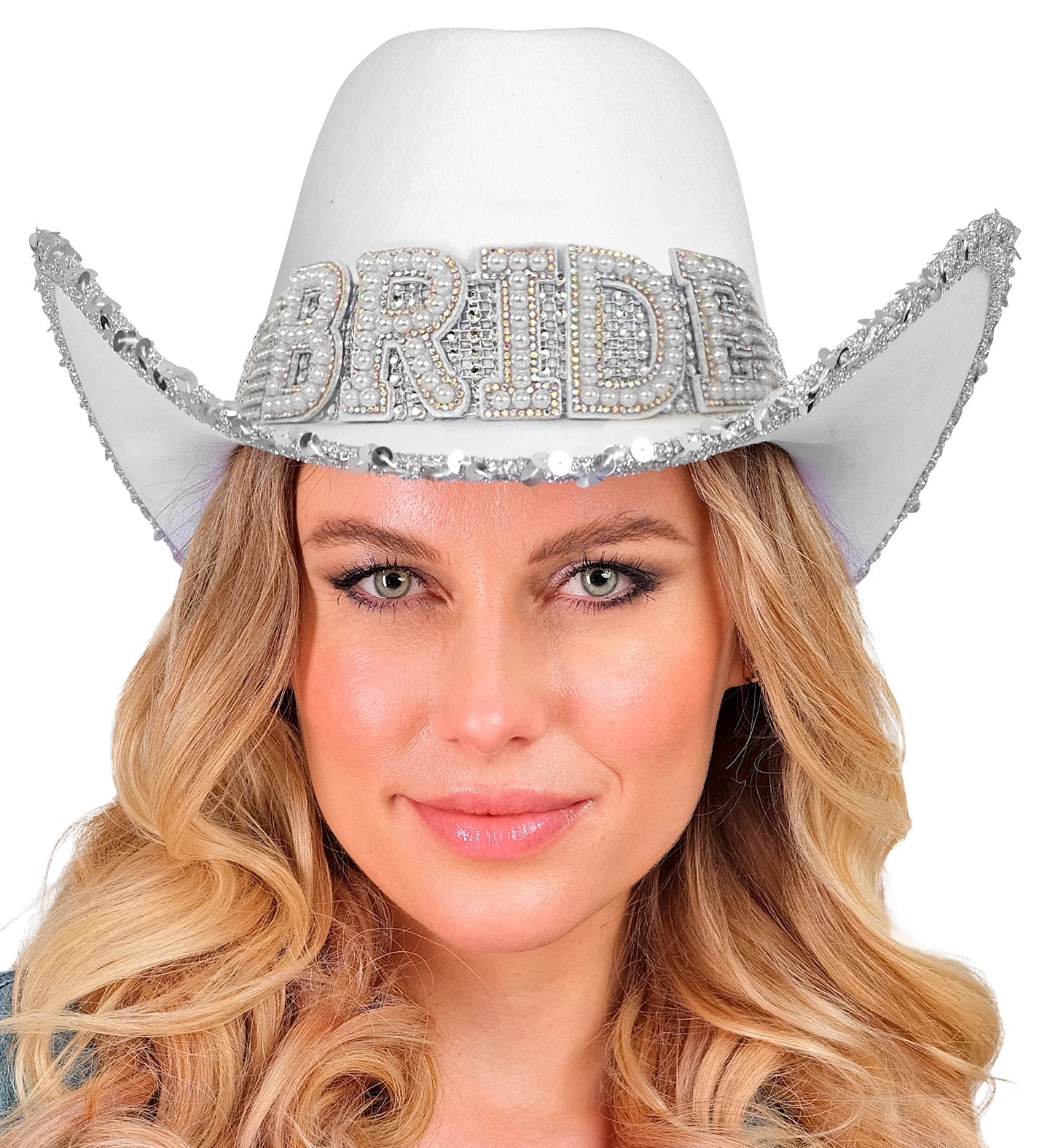 Weißer Cowboyhut mit Perlenbesatz und 11 cm Krempe als Braut-Hochzeitsaccessoire