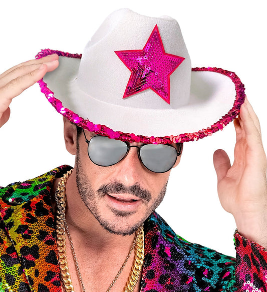Weißer Cowboyhut mit pinkem Paillettenstern, ideal für Festivals und Partys.