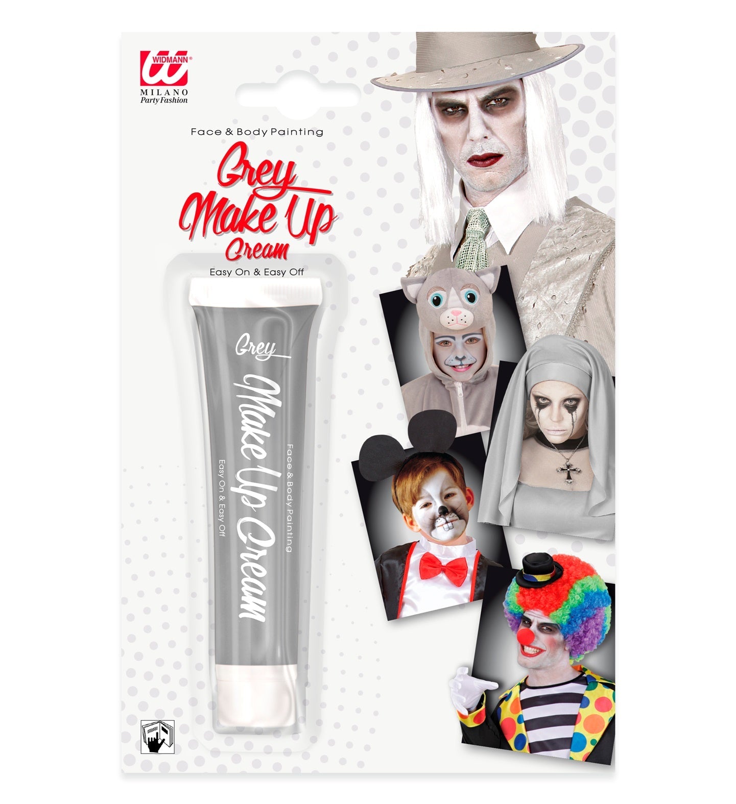 Grey cream makeup tube, 28ml, with zombie and clown face examples on packaging.