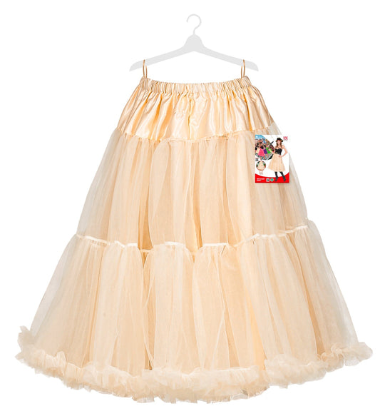 Cream knee-length tulle petticoat with elastic waistband, 65cm long.