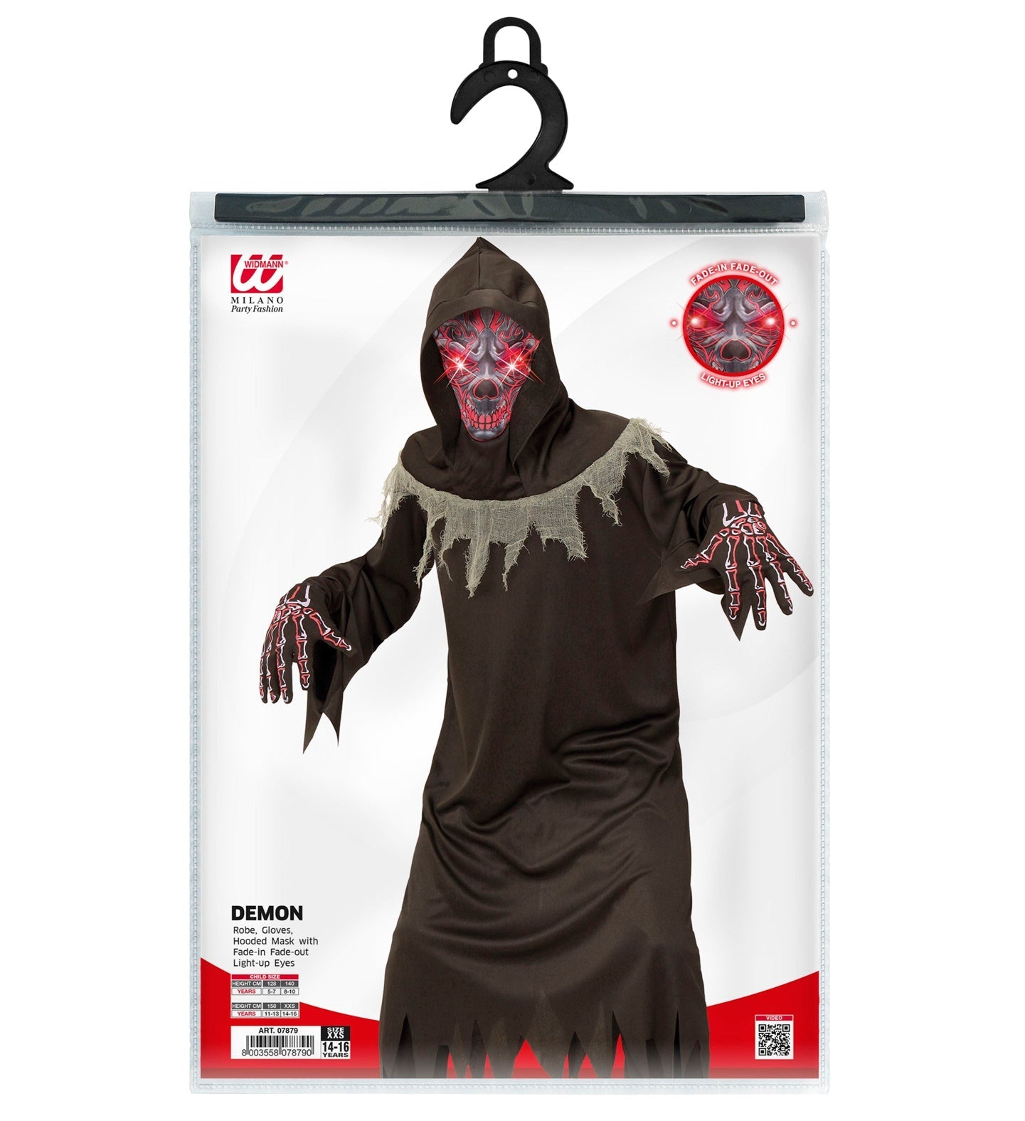 Kinderkostüm Dämon rot-schwarz mit LED-leuchtenden Augen und Kapuze, inklusive Maske und Handschuhe