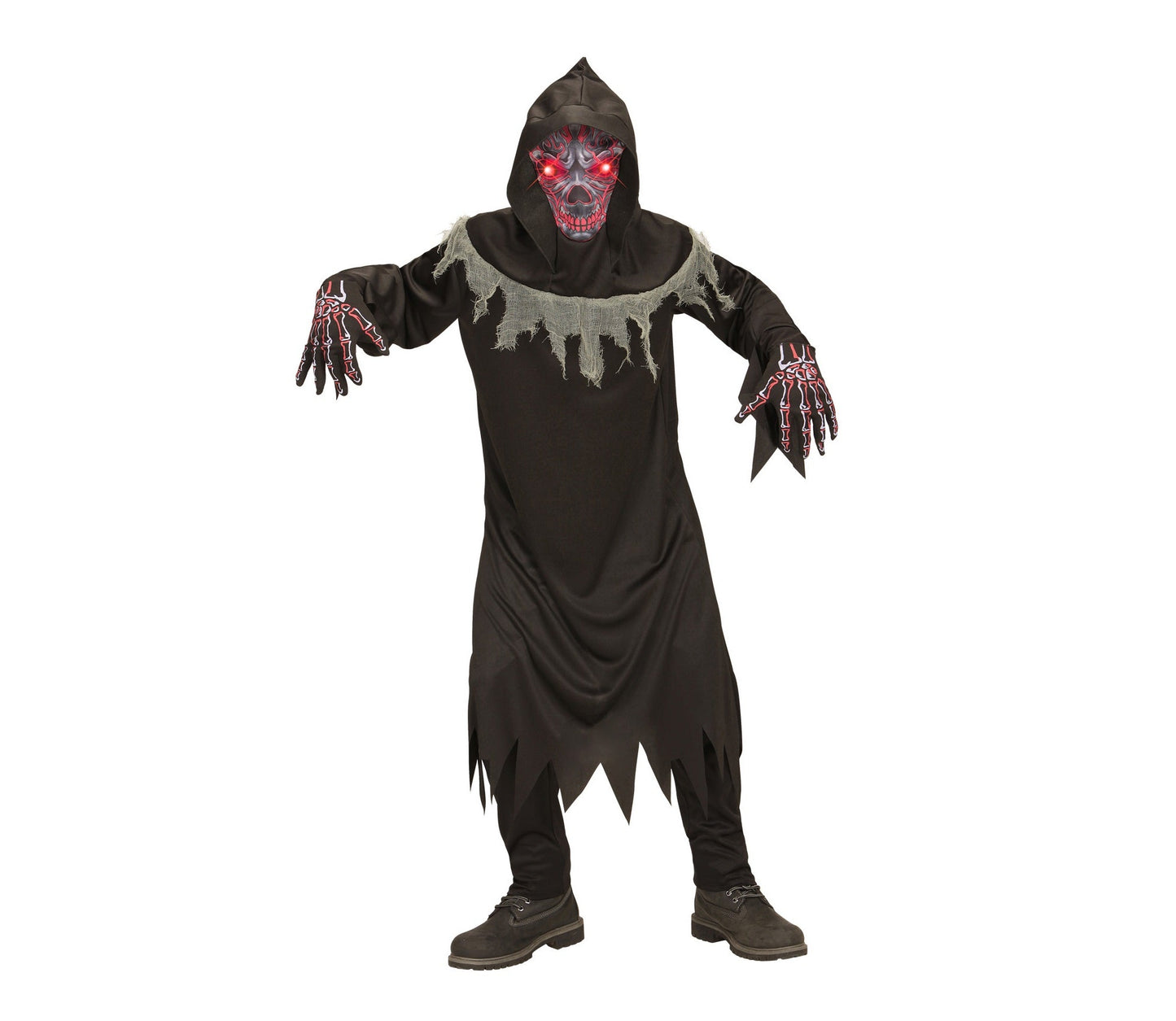 Rot-schwarzes Kinderkostüm eines Dämons mit leuchtenden Augen und Kapuze.