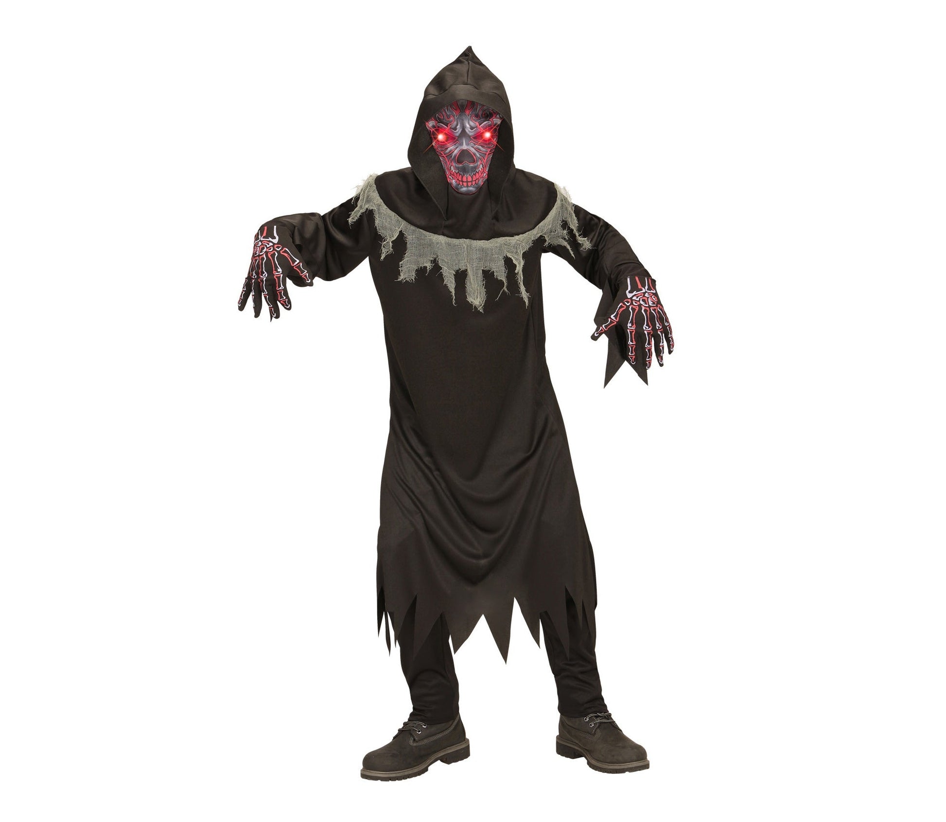 Rot-schwarzes Kinderkostüm eines Dämons mit leuchtenden Augen und Kapuze.