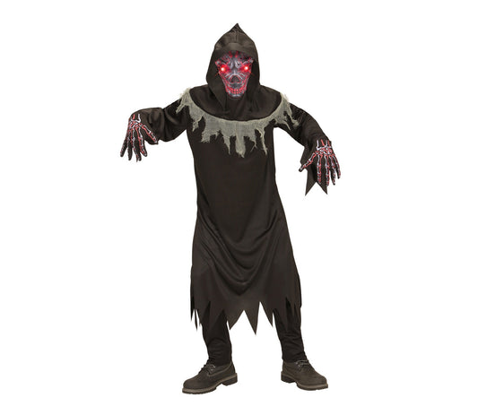 Rot-schwarzes Kinderkostüm eines Dämons mit leuchtenden Augen und Kapuze.