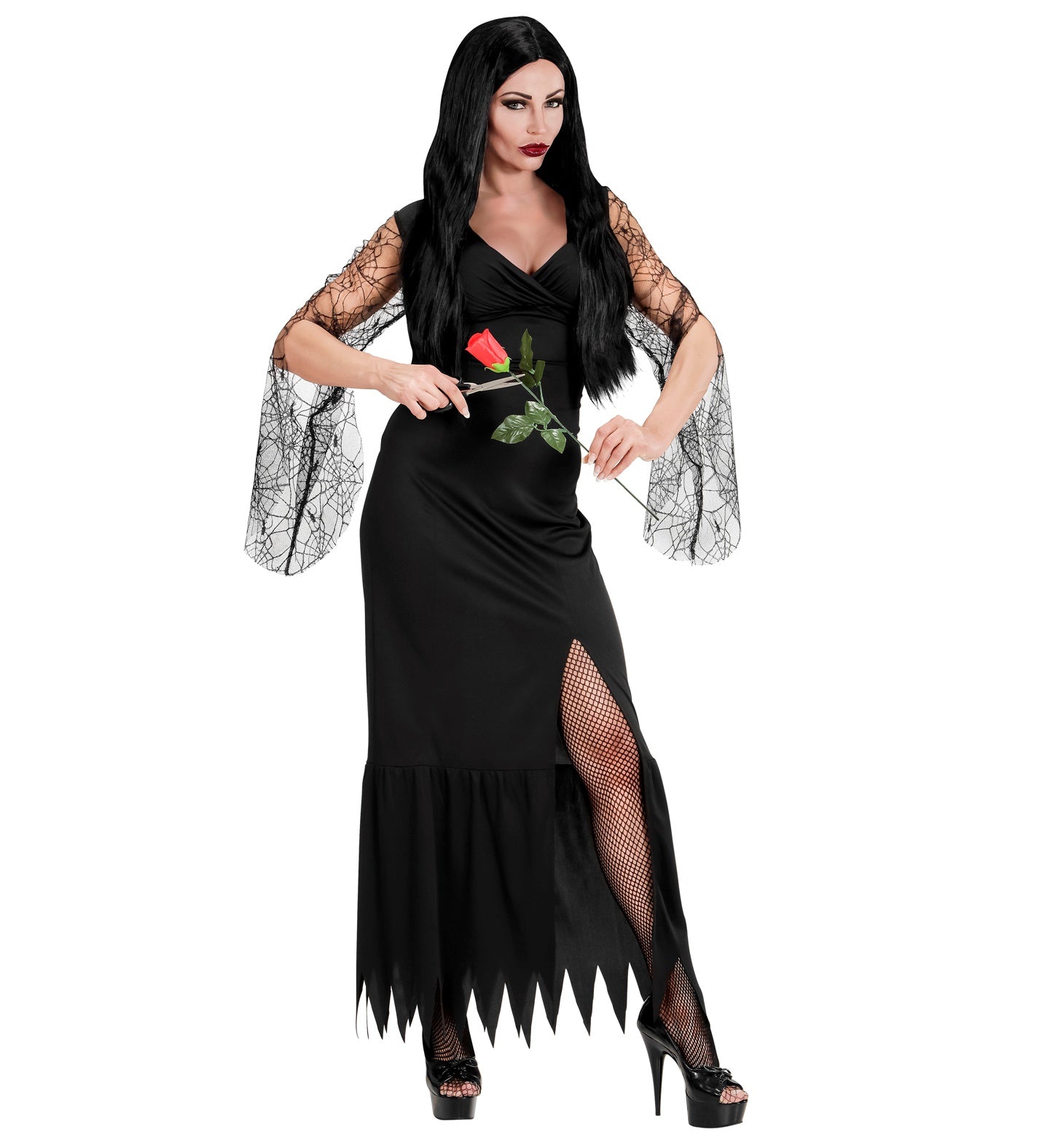 Schwarzes Stretch-Satin Kleid mit verstellbarem Rücken für Damen im Halloween-Stil.