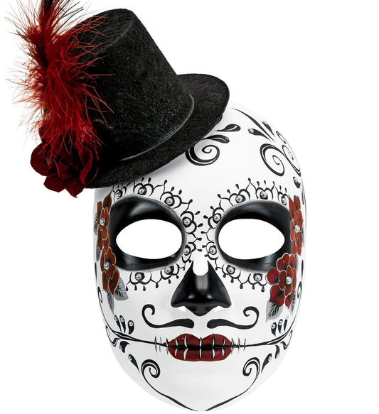 Handbemalte Day of the Dead Maske mit buntem Totenkopf und schwarzem Zylinderhut aus PVC
