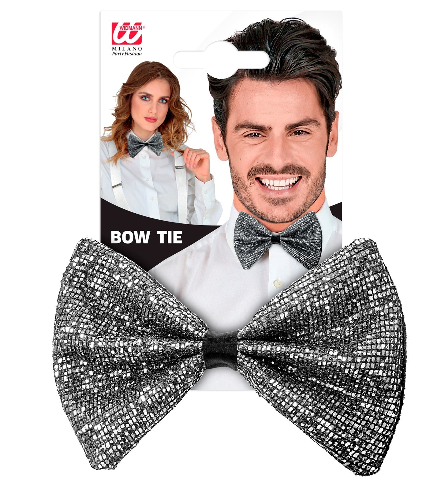 Silberne Fliege aus Metalllegierung, vorgebunden und verstellbar, glänzende Oberfläche.