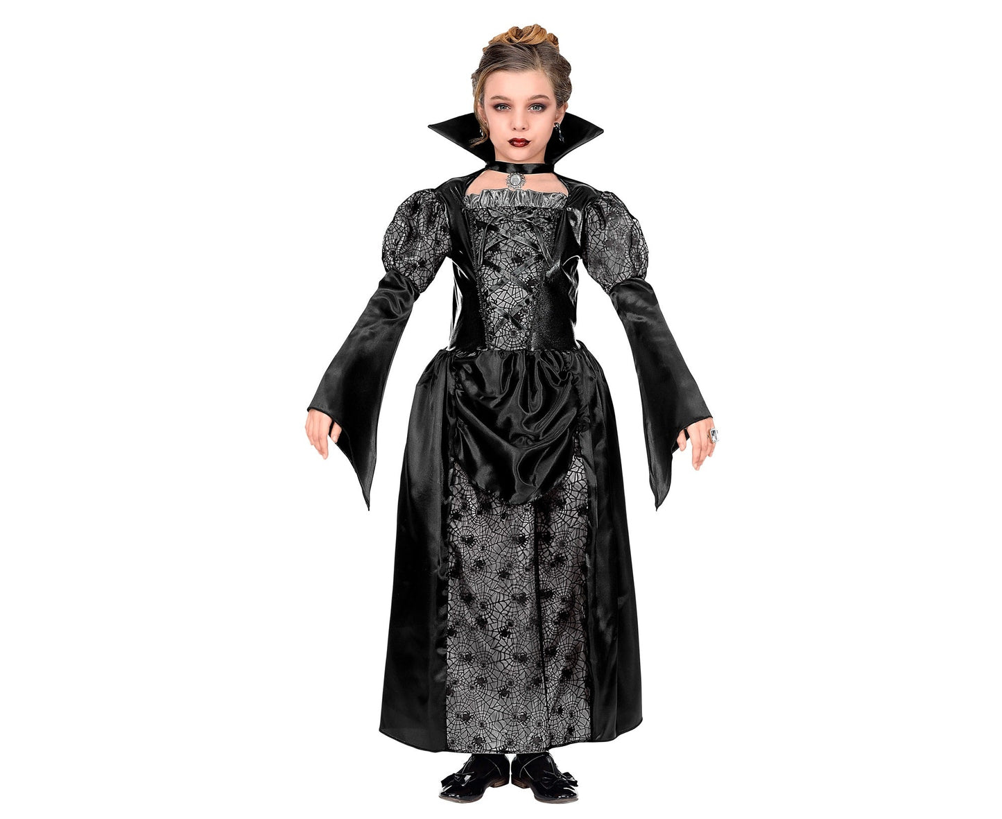 Schwarz-silbernes Vampirin-Kinderkostüm mit Cape für Mädchen, elegant und glänzend.