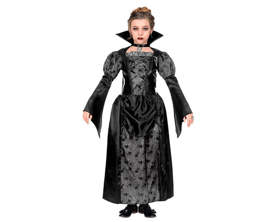 Schwarz-silbernes Vampirin-Kinderkostüm mit Cape für Mädchen, elegant und glänzend.
