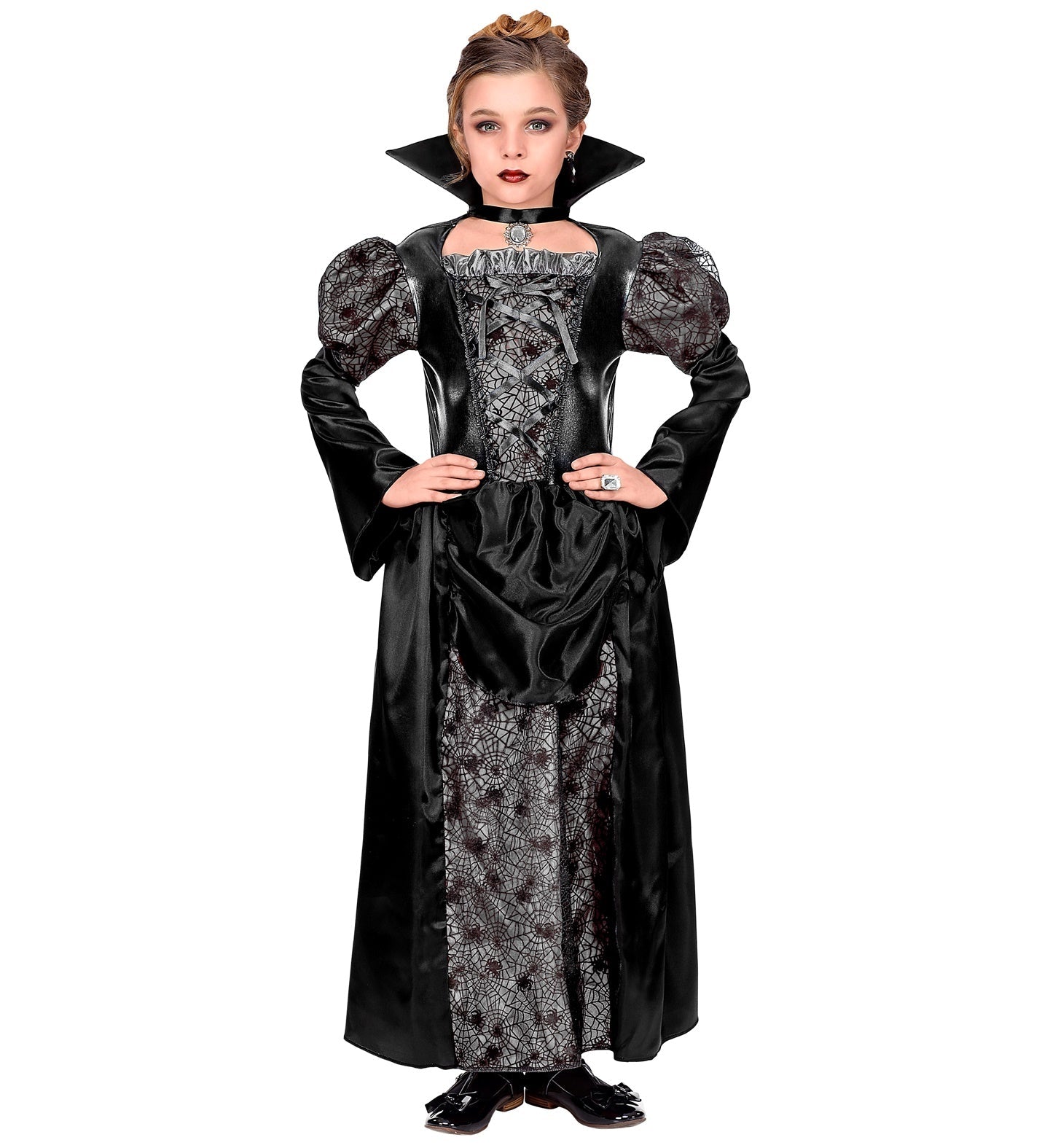 Schwarzes und silbernes Vampirin-Kinderkostüm mit Kleid, Umhang und passendem Zubehör.