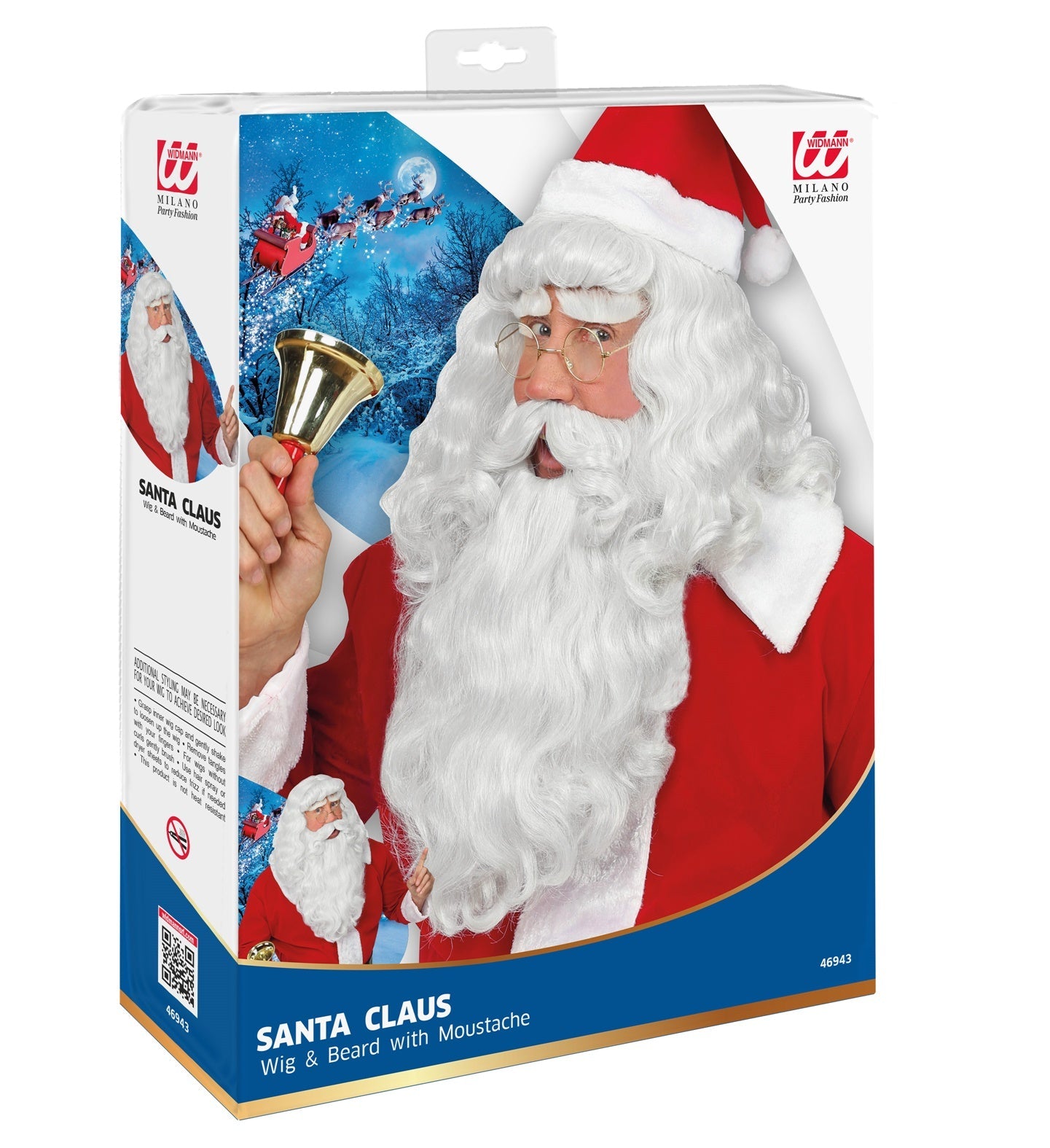 Weihnachtsmann Perücke in Weiß mit angehangenem Bart und Schnurrbart aus synthetischen Fasern.