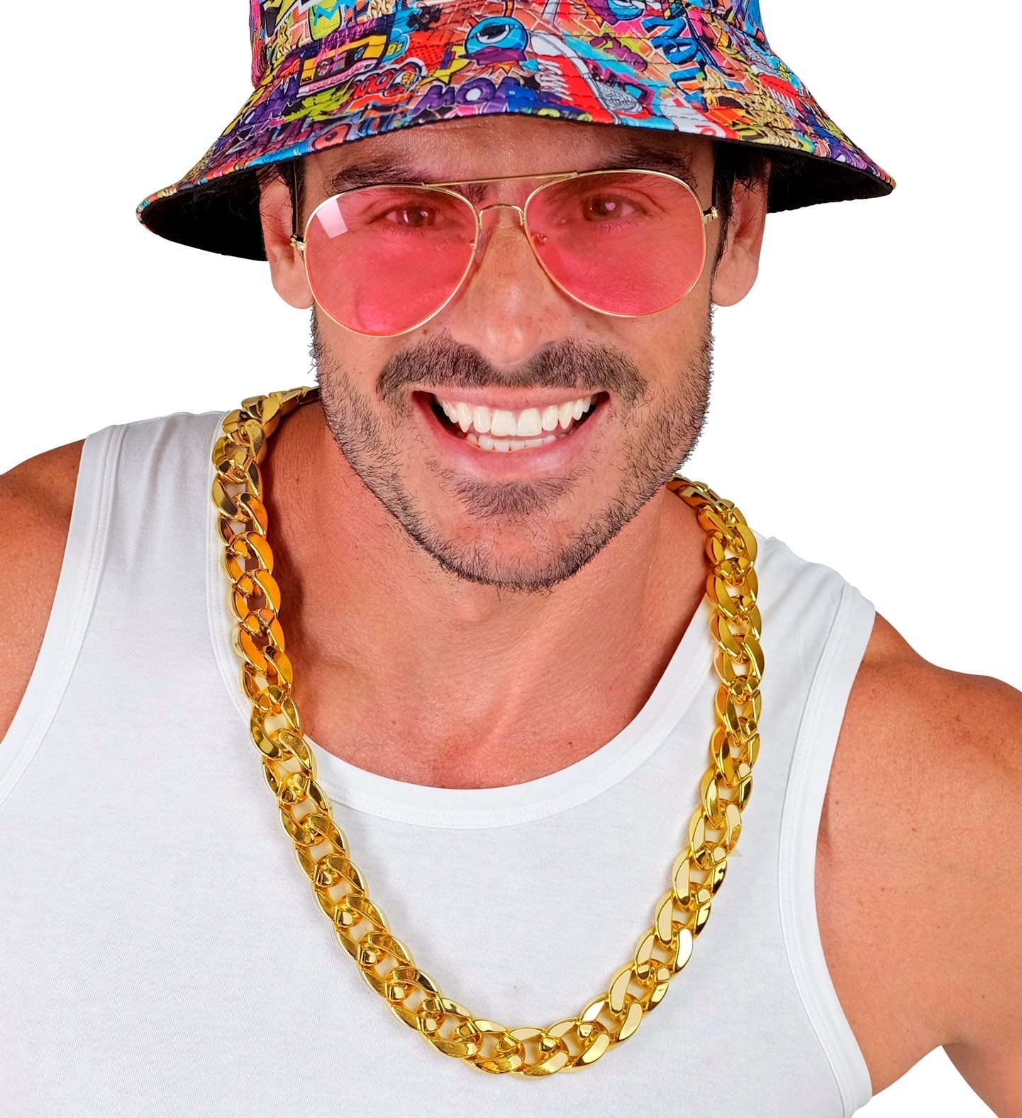 Dicke goldene Halskette aus Messing mit markanten Gliedern und Karabinerverschluss.