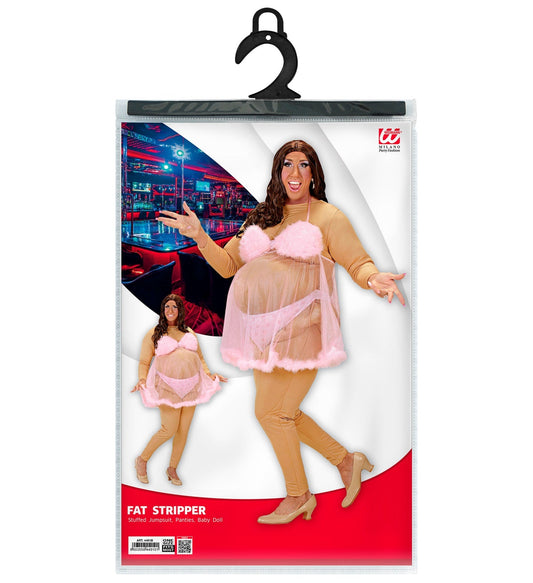 Pink curvy stripper costume for men on hanger, featuring sheer babydoll and bodysuit.