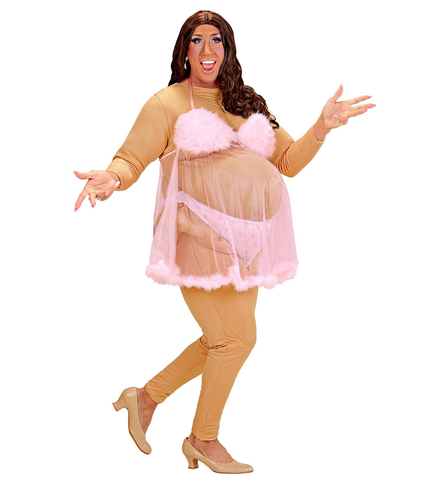 Pink curvy stripper costume for men modeled on a plus-size figure in a bodysuit and babydoll.
