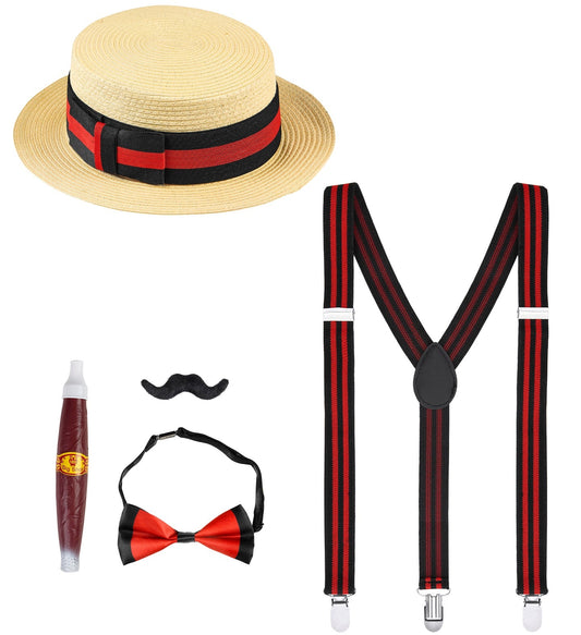 Men's Roaring Twenties costume set with straw hat, red bow tie, suspenders, mustache, and cigar.