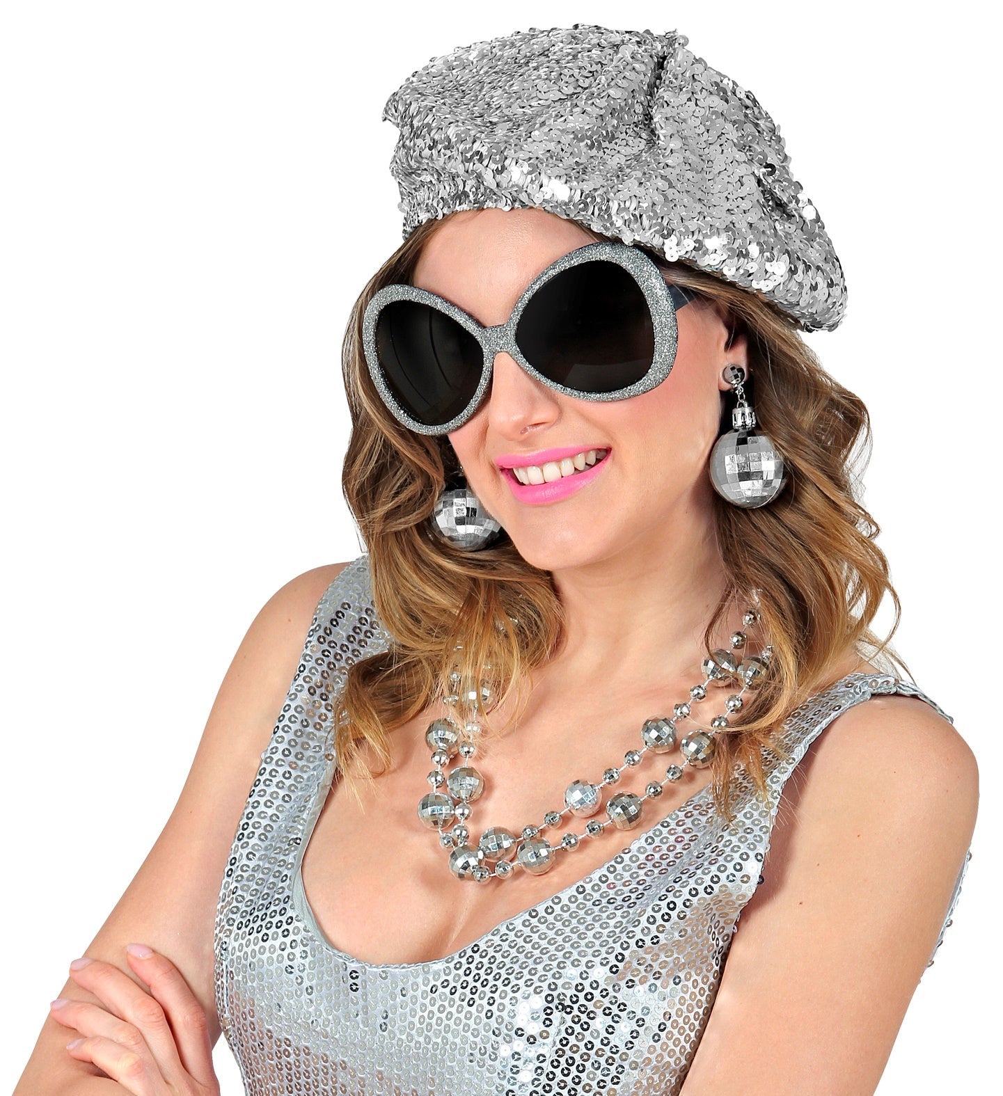 Woman wearing a sparkling silver sequin dress, beret, oversized sunglasses, disco ball earrings, and mirrored pendant necklace.