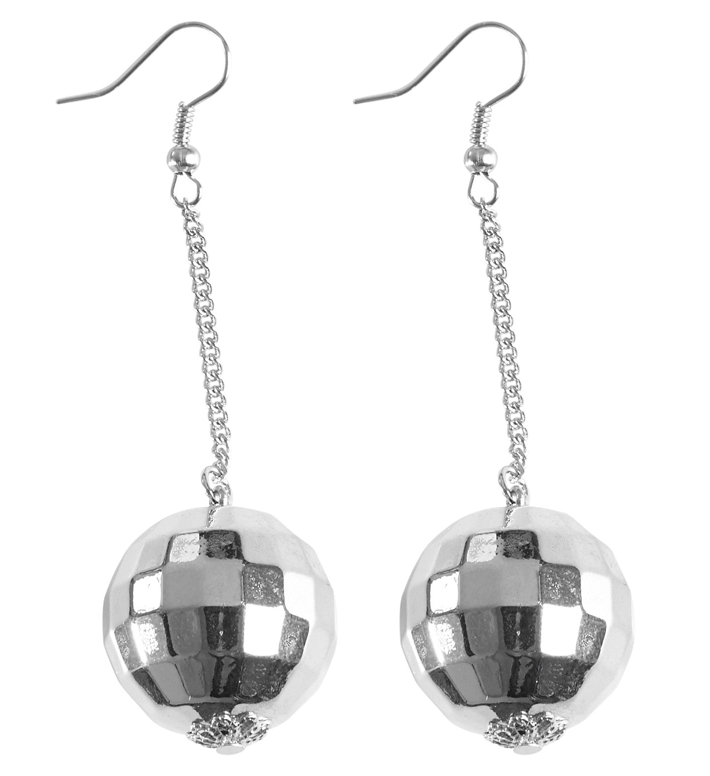 Pair of silver disco ball drop earrings with reflective facets and hook backs.