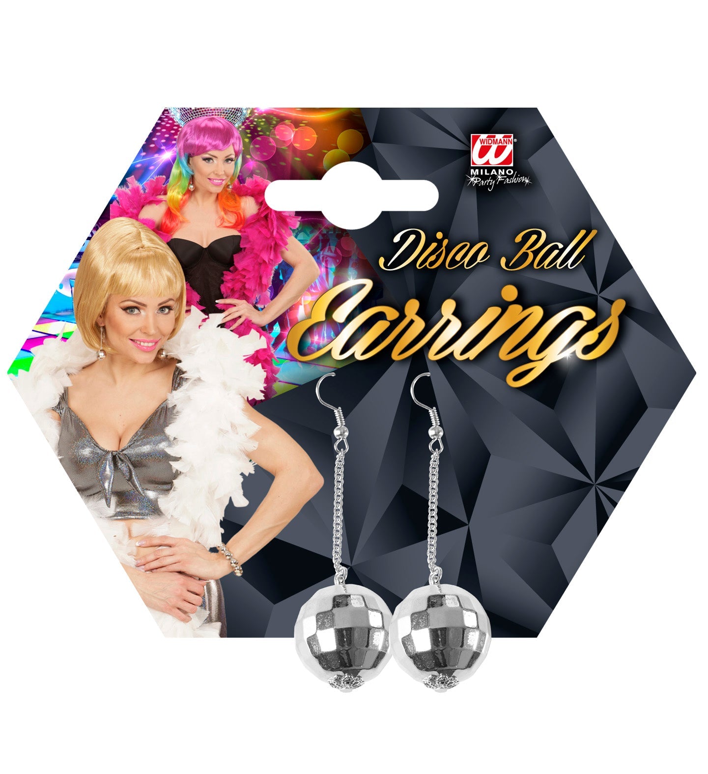 Silberne Diskokugel-Ohrringe mit reflektierenden Facetten auf schwarzer Verpackung.