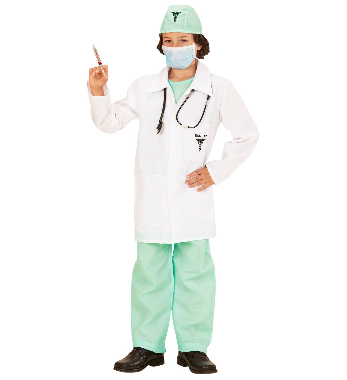 Kostüm eines Arztes für Kinder mit weißem Kittel, Hose, Mütze und Stethoskop.
