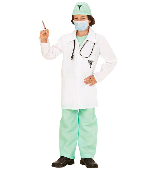 Kostüm eines Arztes für Kinder mit weißem Kittel, Hose, Mütze und Stethoskop.