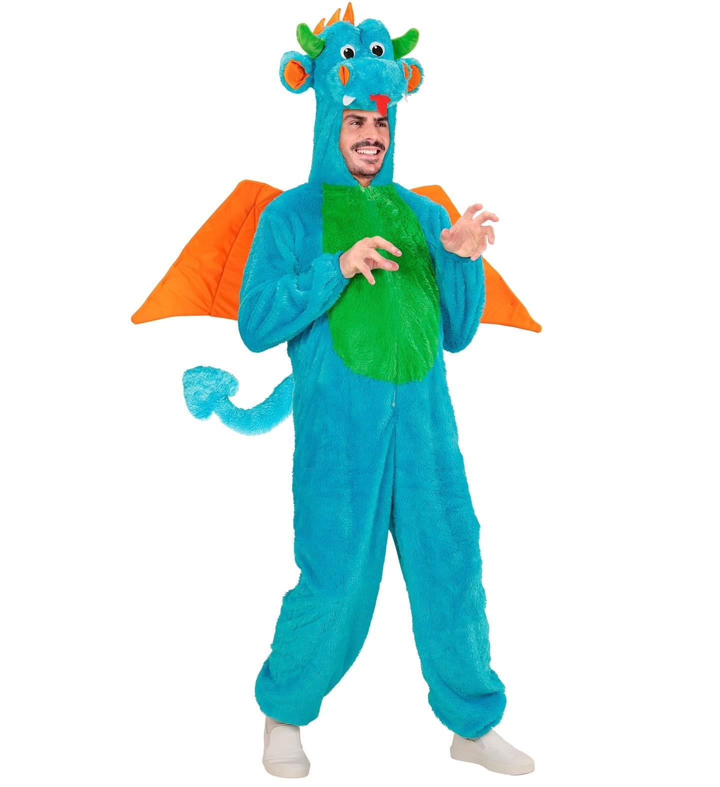 Drachen Plüschkostüm Overall mit Kapuze in Grün, mit Flügelärmeln und 3D-Drachenrücken.