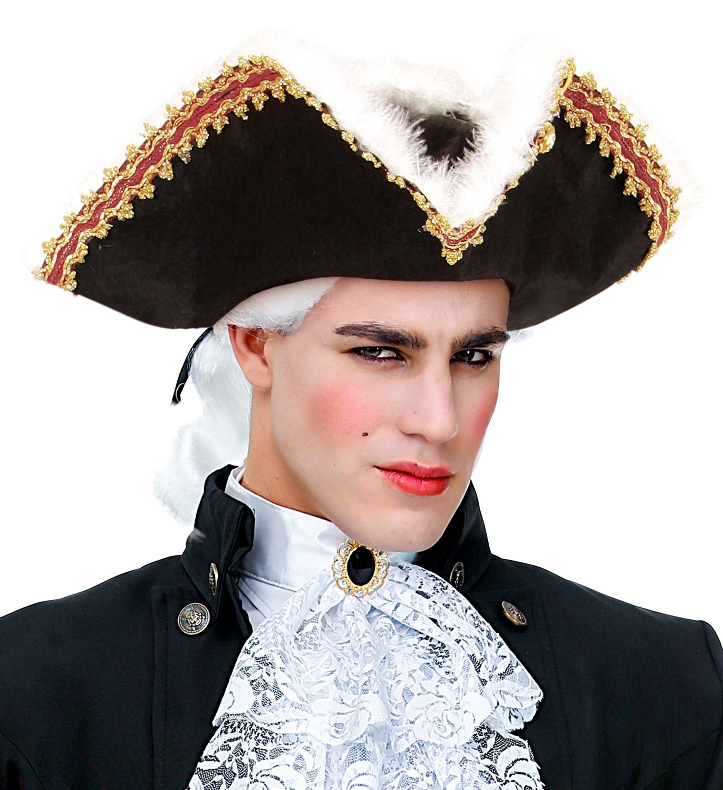 Black pirate tricorne hat with white marabou feather trim on wide felt brim.