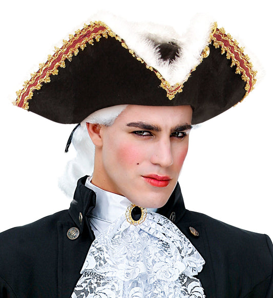 Black pirate tricorne hat with white marabou feather trim on wide felt brim.