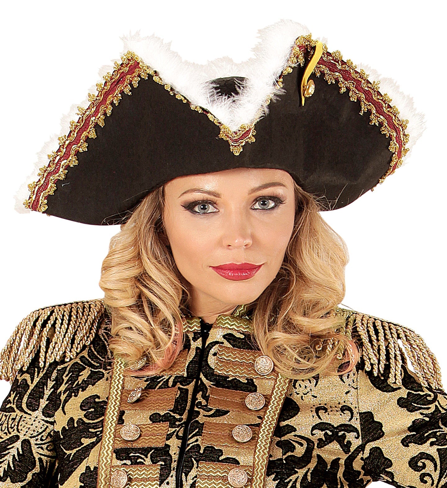 Widmann pirate tricorne hat with marabou feather trim on a model.