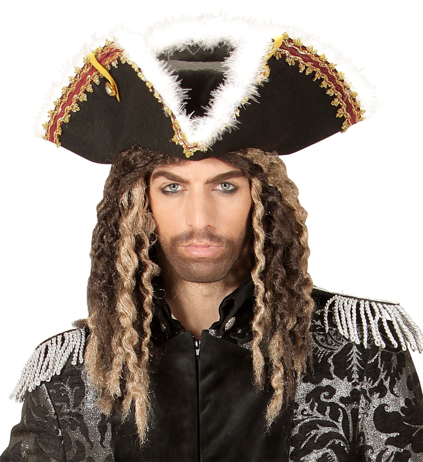 A black pirate tricorne hat with gold trim and white marabou feather edging.