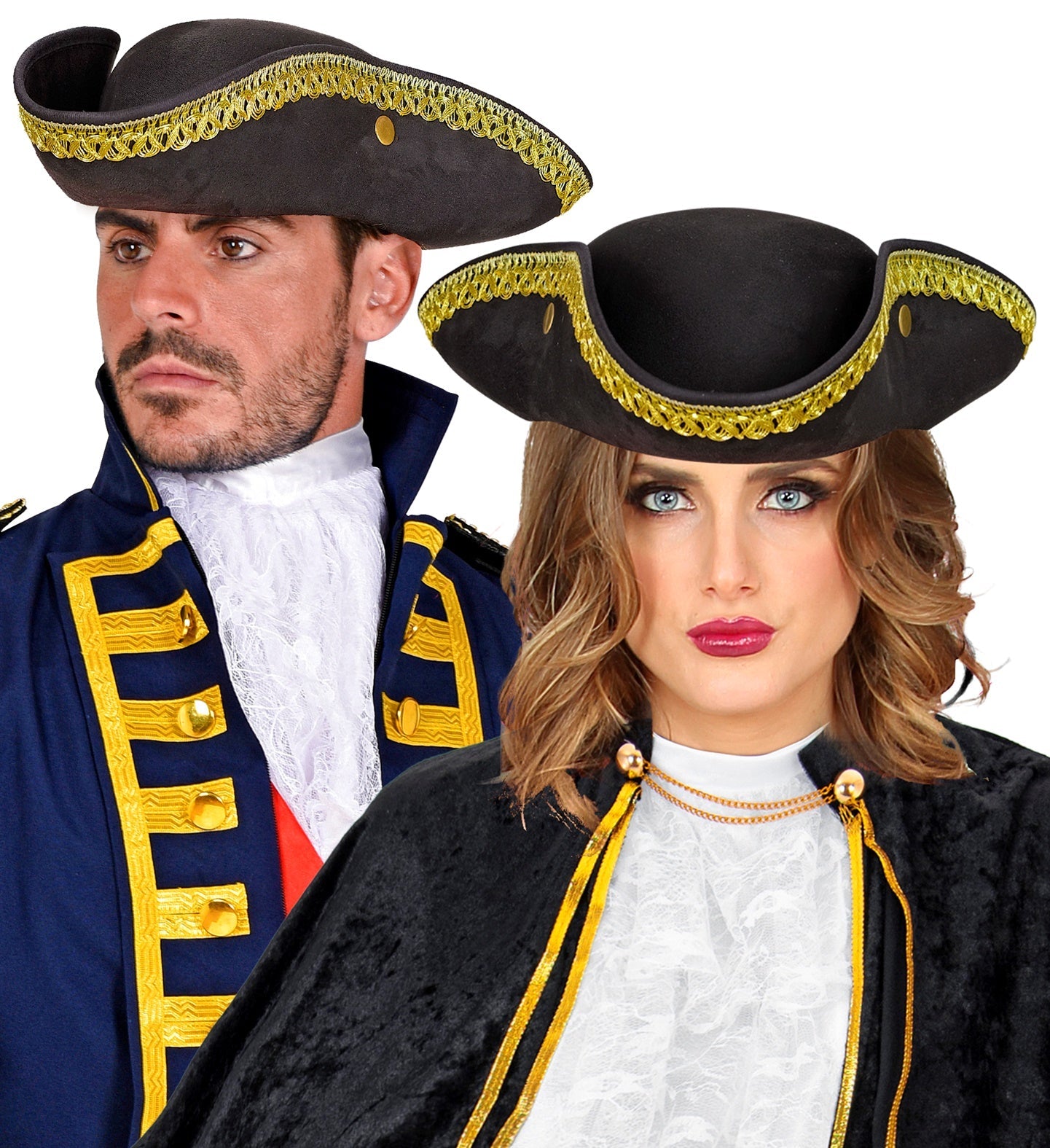 Schwarzer Dreispitz aus Lederoptik mit goldener Borte und markanter dreieckiger Form