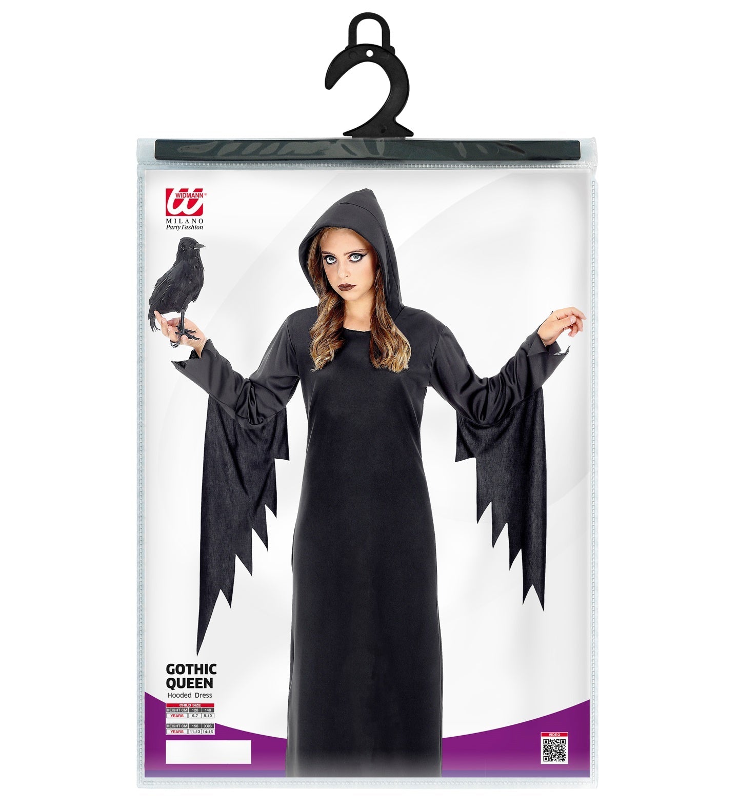 Schwarzes Mädchenkostüm mit Kapuze und Federdetails für die dunkle Königin der Vögel.