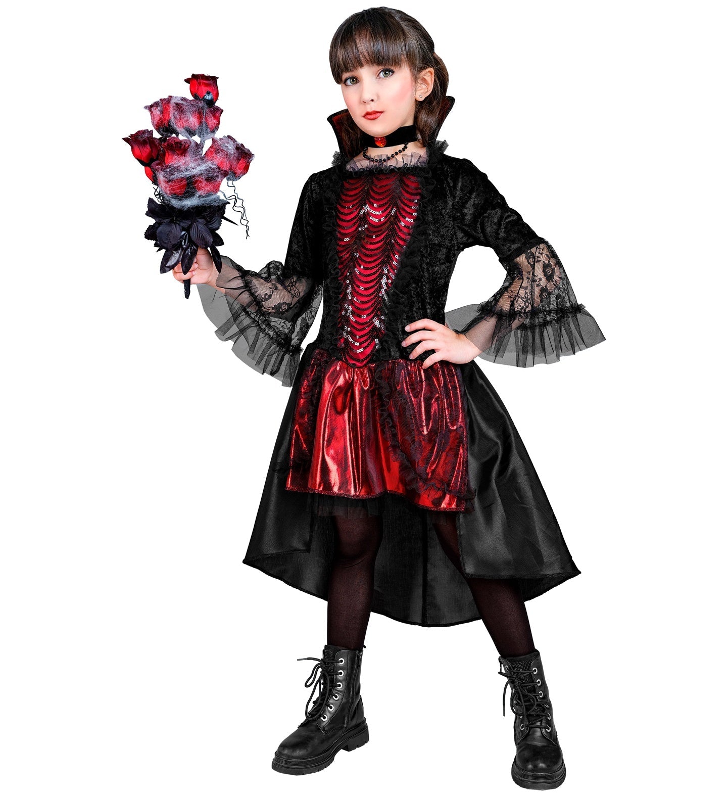Schwarz-rotes Vampirkostüm für Kinder mit Kleid und silberner Kette, Halloween-Design