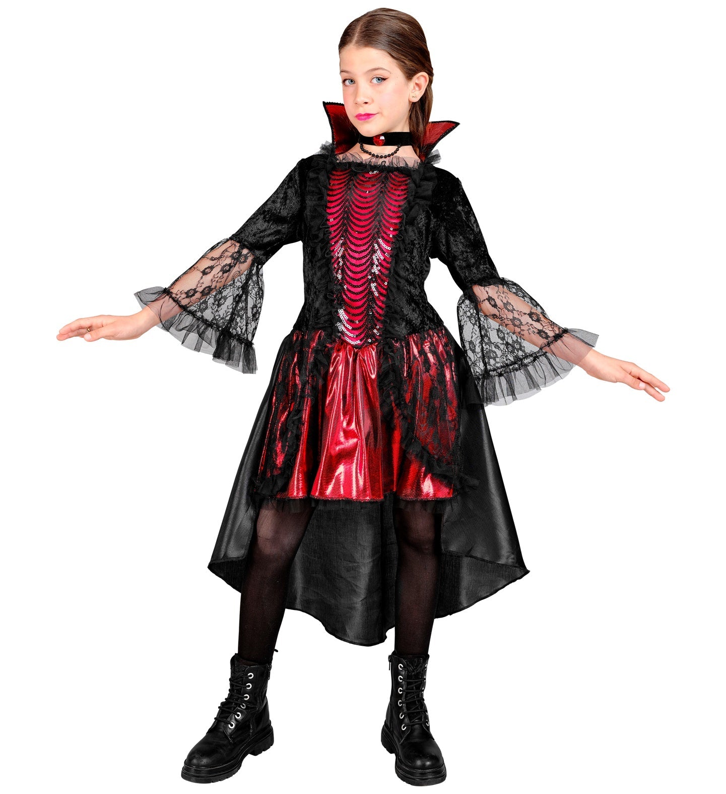 Kinderkostüm Vampirin mit schwarzem und rotem Kleid und silberner Kette für Mädchen