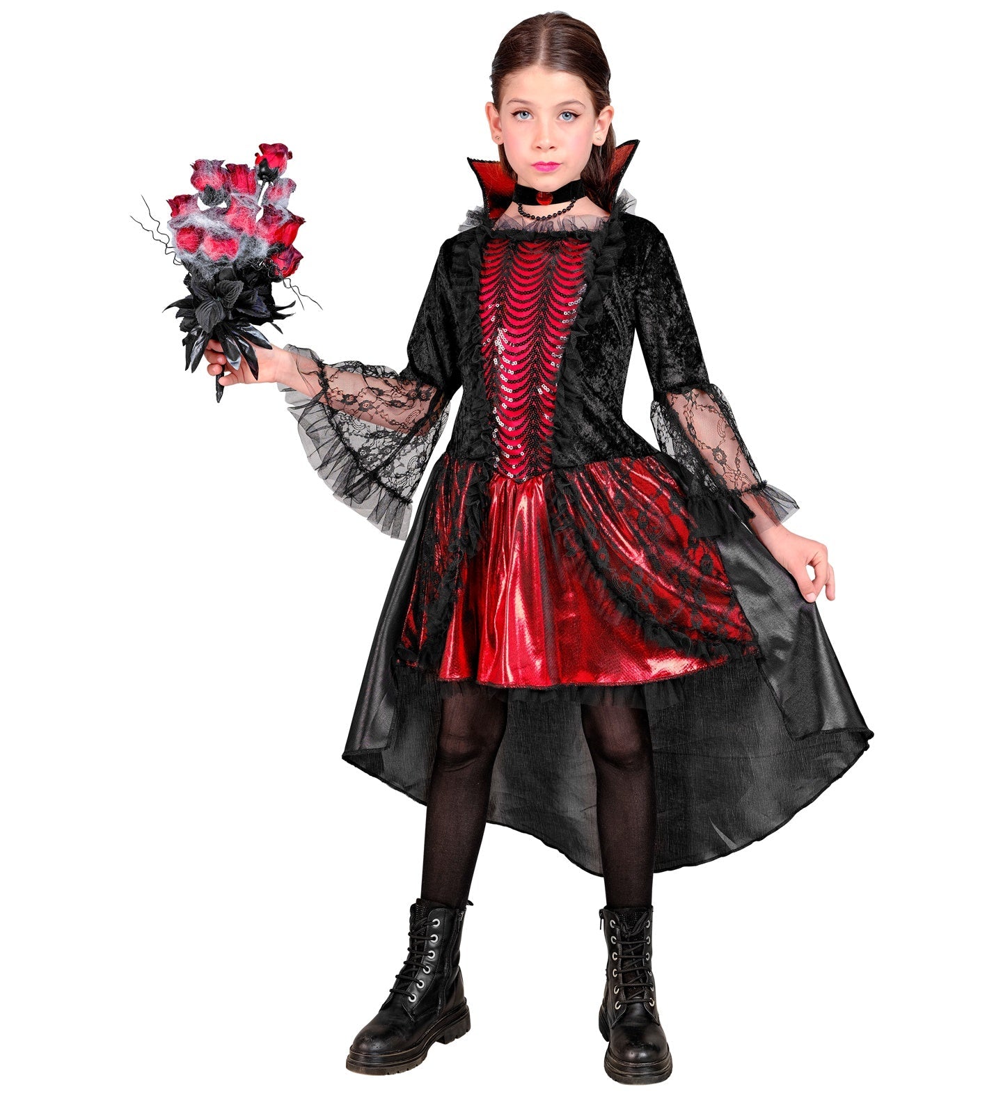 Schwarzes und rotes Kinderkostüm einer Vampirin mit Kette für Halloween.