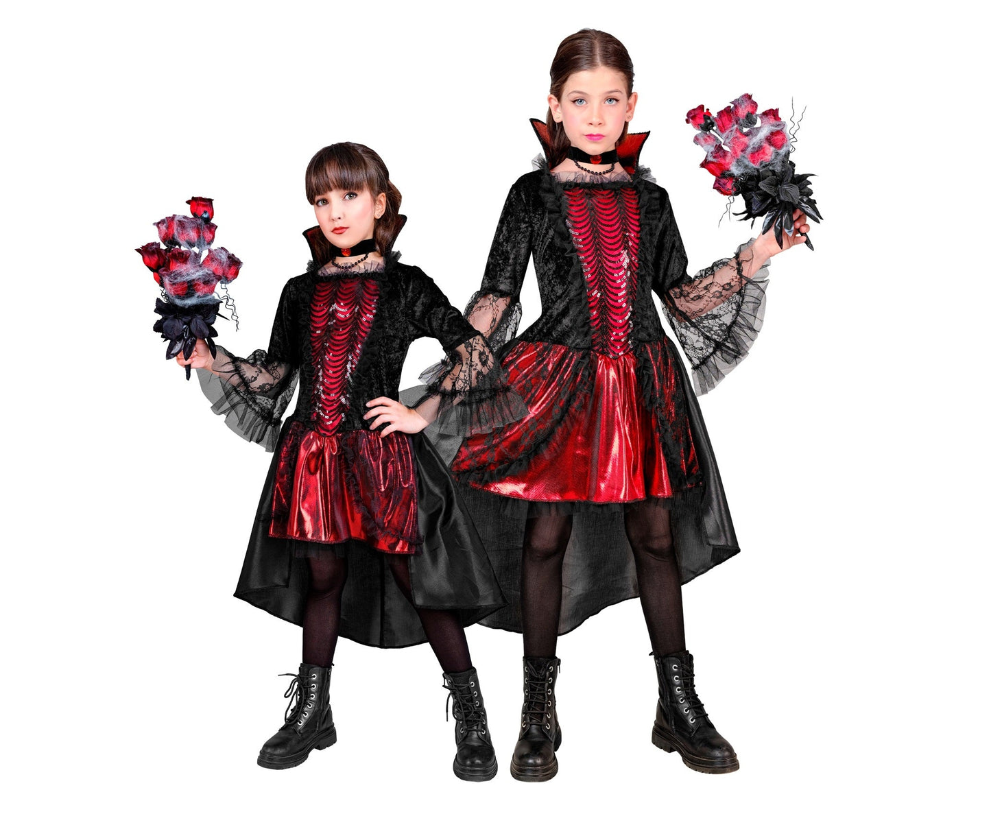 Schwarzes und rotes Kinderkostüm einer Vampirin mit einer glänzenden Kette.