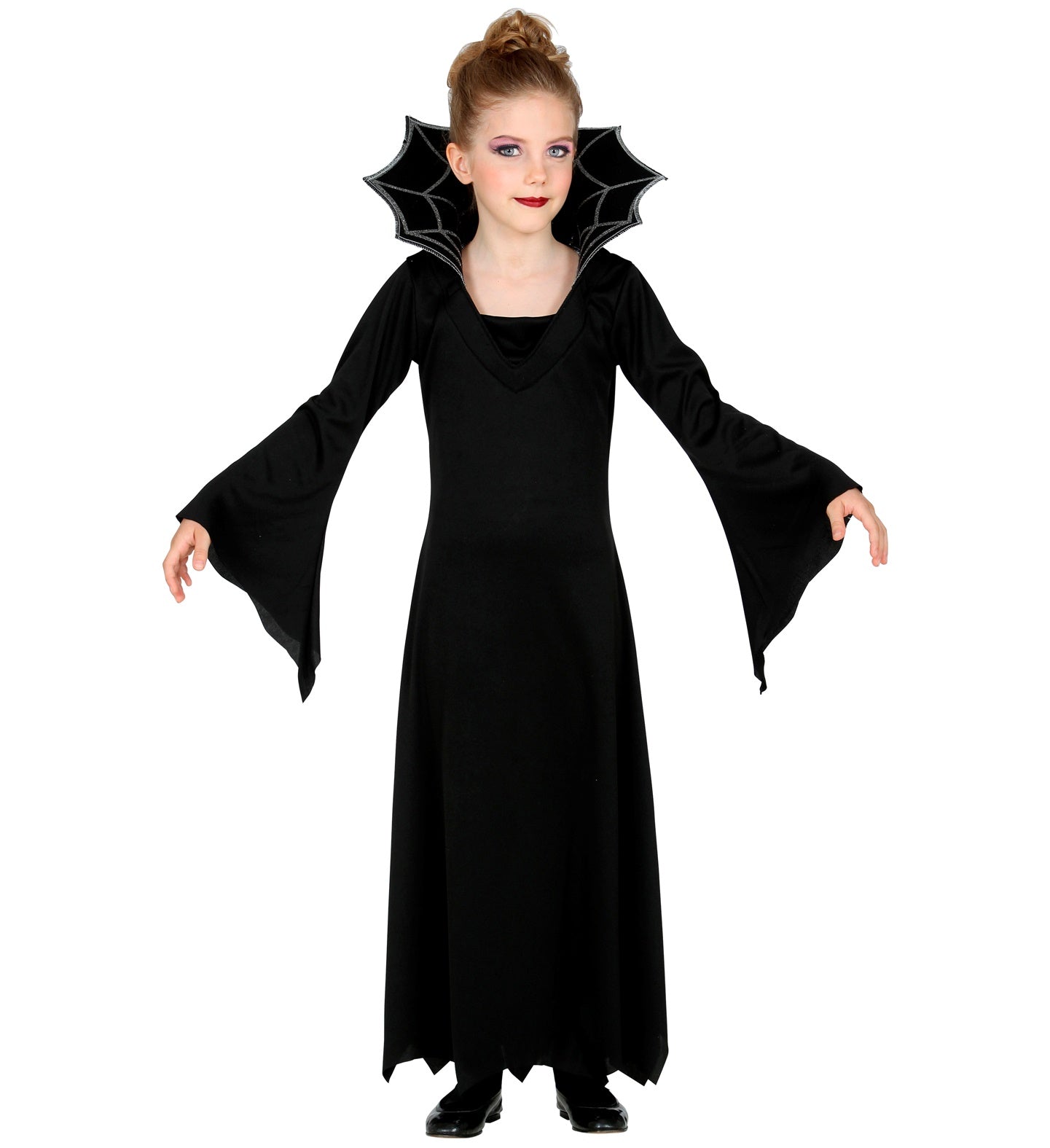 Schwarzes Vampirkostüm für Mädchen mit Spitzenkleid und Samtkragen von Widmann.